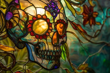 Skeleton Skull with a Flower in its Mouth A Stunning Glass Artwork for Halloween Generative AI