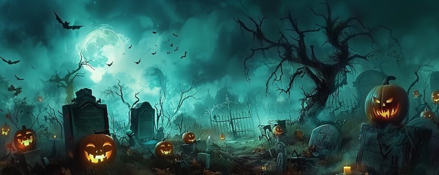 Halloween Night Sky A Spooktacular Cemetery Scene Generative AI