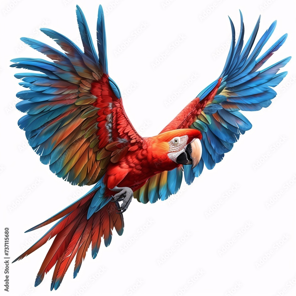 Poster flapping wings of a parrot in a blue and red color scheme generative ai