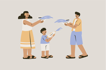 Family Celebrating Songkran Festival Vector Illustration