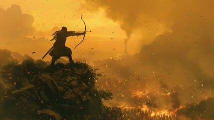 Naklejka premium Show a lone archer positioned on a hill their arrow finding its target amidst the chaos of the battlefield