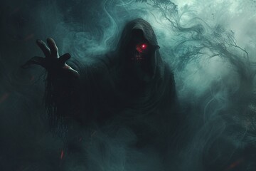 Ghostly Wizard in a Cloak of Smoke Generative AI - obrazy, fototapety, plakaty