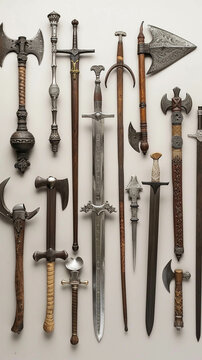 Show a collection of various medieval weaponry from swords and axes to spears and maces