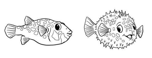 Funny puffer fish to color in. Template for a coloring book with funny animals. Coloring template for kids.	