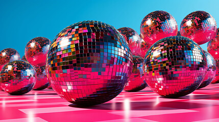 Gleaming disco balls reflecting vivid colors