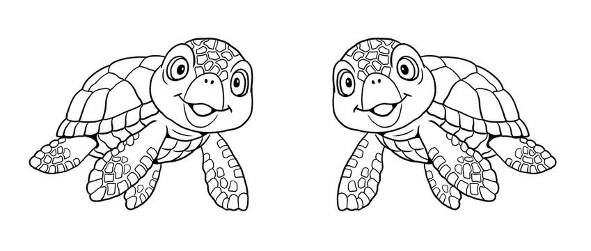 Funny baby sea turtle to color in. Template for a coloring book with funny animals. Coloring template for kids.	