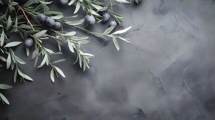 Wild olive branches on gray background. Copy space.
 - obrazy, fototapety, plakaty