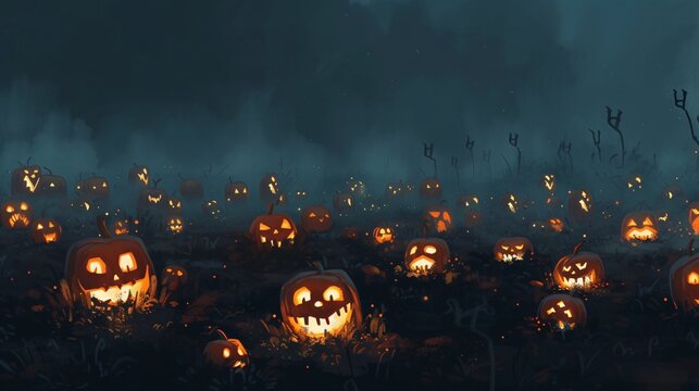 Pumpkin Patch at Night A Halloween-Inspired Illustration Generative AI
