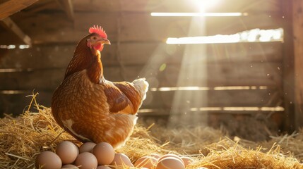 Healthy chicken next to freshly laid eggs in hay in a rustic barn under warm sunlight with copy space. Small business farming concept

