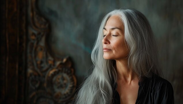 Eloquent Portrait: Capturing the Grace and Wisdom of an Older Woman with Flowing Grey Hair