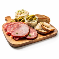 front view of Leberkäse with slices of Bavarian meatloaf, mustard, and pickles, served on a German deli board, food photography style isolated on a white background