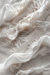Wedding concept white and beige pastel colors, lace and silk, finest hand embroidery, handmade fabric, atelier, design of wedding dresses or underwear. Sewing tailor workshop