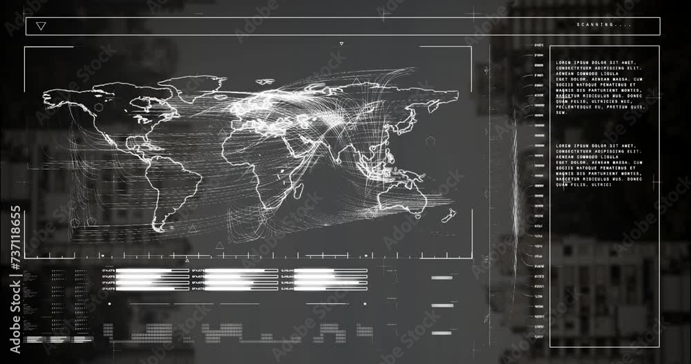 Poster animation of data processing and world map over cityscape background