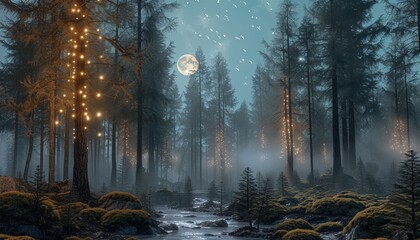 Naklejka premium Moonlit Forest A Celestial Nighttime Adventure Generative AI