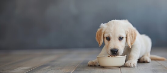 Close-up of Labrador puppy eating food on gray background with copy space, pet care concept, animal behavior, banner