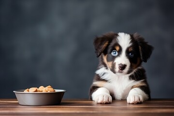 Close-up of a black and white puppy eating food on a gray background with copy space, pet care concept, animal behavior