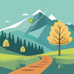 walking through the forest adventure illustration , nature scene with hiking track and trees 