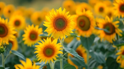 Fototapeta premium Endless field of sunflowers illuminated by the sun, harvest and agricultural business concept 