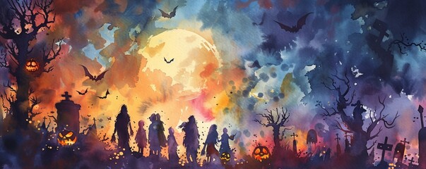 Halloween Night Sky A Ghoulish Gathering of Witches and Ghosts Generative AI