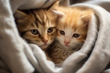 Two cute kittens lie peacefully covered with a blanket.