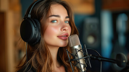 beautiful young woman sings into a microphone in a recording studio, singer, music, song, performance, hobby, voice, sound, show, girl, portrait, label, announcer, speaker