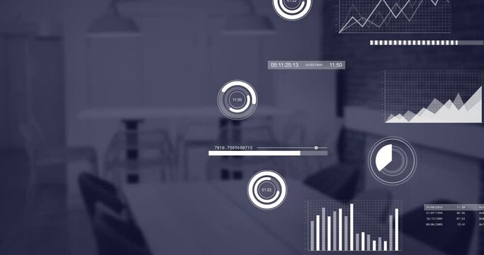 Animation of data processing and cityscape over office