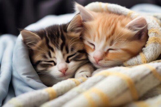 Two cute kittens sleep sweetly covered with a blanket.