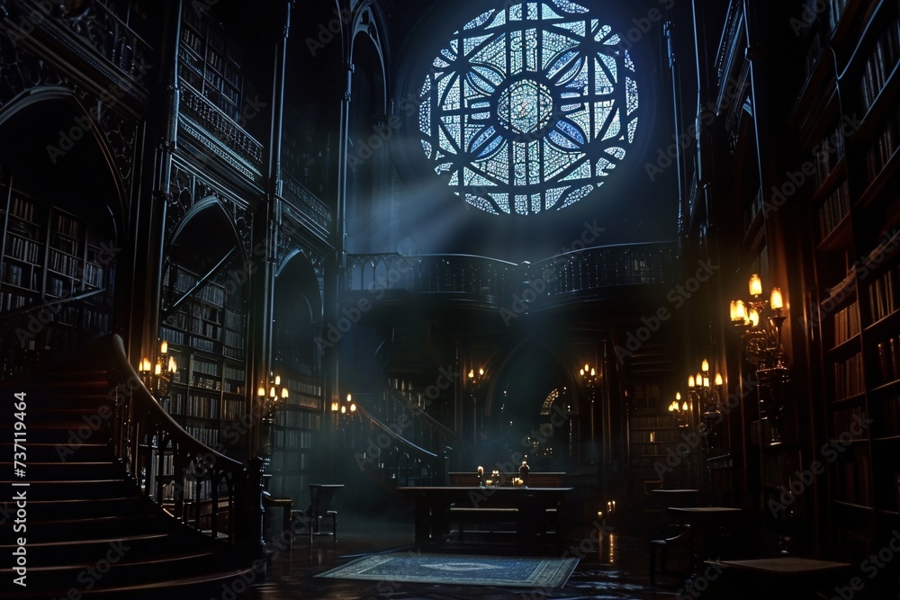 Poster a dark and mysterious library with a stained glass window generative ai