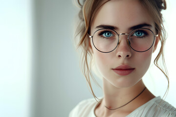 Closeup portrait of beautiful woman wearing eyeglass isolated on white background  - obrazy, fototapety, plakaty