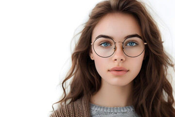 Obraz premium Closeup portrait of beautiful woman wearing eyeglass isolated on white background 