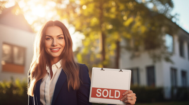 Beautiful cheerful female real estate agent holding SOLD sign against house background. Caucasian sales agent or real estate owner smiling confidently. Generative AI