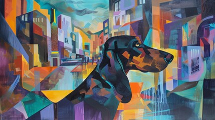 Dog in the City A Colorful Portrait of a Black and Tan Dog in a Bustling Urban Environment Generative AI