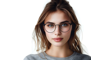 Fototapeta premium Closeup portrait of beautiful woman wearing eyeglass isolated on white background 