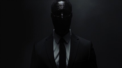 Black Suit, Black Tie, Black Shadow The Face of a Man in a Mask Generative AI - obrazy, fototapety, plakaty