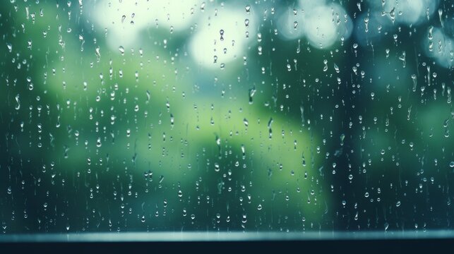 Rain drop on wet window glass with forest blur tree background