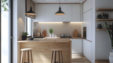 Cozy and compact kitchenette with a breakfast bar. Generative ai, 