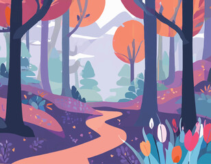 walking through the forest adventure illustration , nature scene with hiking track and trees 
