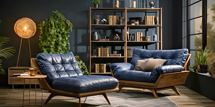 Dark blue sofa and recliner chair in scandinavian apartment. Interior design of modern living room. 4K motion