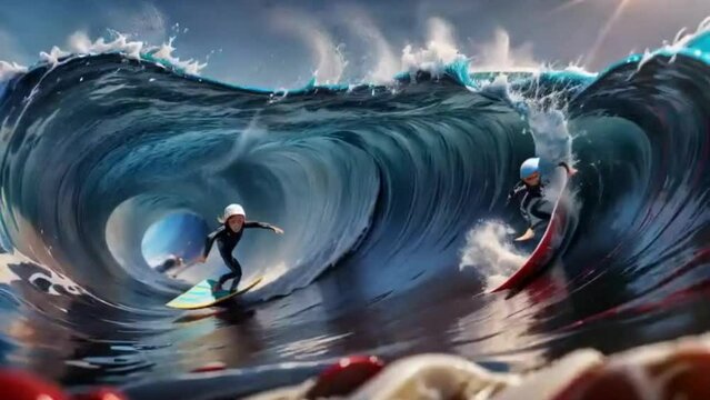 surfing in a windy weather, big waves, looping cartoon animation