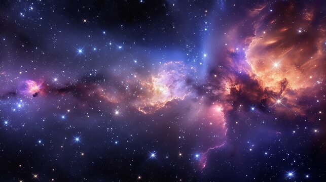 Celestial dreamscape  cascading stars, cosmic clouds, swirling galaxies in mesmerizing panorama.