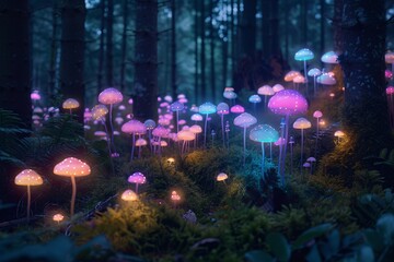 Fototapeta premium Glowing Mushrooms in the Dark A Magical Nighttime Adventure Generative AI