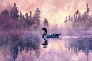 Loon in the calm waters of a lake at twilight, calling out