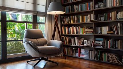 Cozy reading corner with a plush chair and a la big Lamp. Generative ai, 