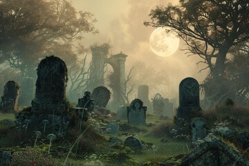 Grave Yard at Dusk A Moonlit Night in the Cemetery Generative AI