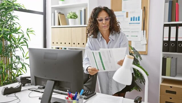 Mature Hispanic Woman Reviewing Documents In A Modern Office Setting, Embodying Professionalism And Concentration.