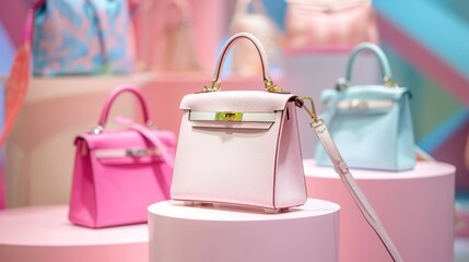 Designer spring handbags displayed on pastel pedestals, focus on textures and colors, high-fashion feel