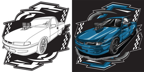 Outline and painted racing car. Isolated in black background, for t-shirt design, print, and for business purposes.