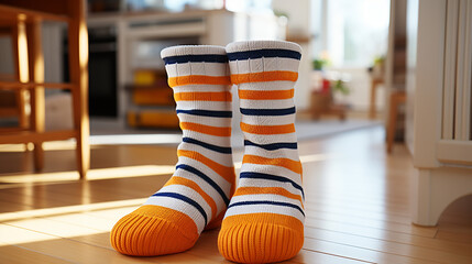 Multicolor child's striped socks isolated photo