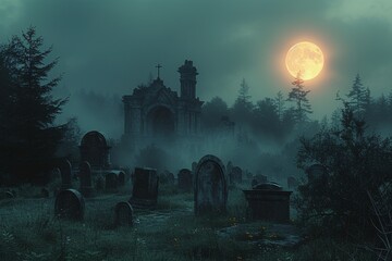 Ghostly Cemetery at Night A Hauntingly Beautiful Scene Generative AI - obrazy, fototapety, plakaty
