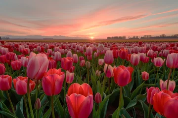 Papier Peint photo Bordeaux The Sunrise Scenery in a Tulip Field. Magical and Beautiful Spring Landscape with the Tulip Field Illuminated by the Morning Sun.